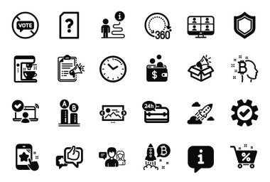 Megafon kutusu, Servis ve Zaman simgeleriyle ilgili Vektör Teknoloji Simgeleri Kümesi. Güvenlik, roket fırlatma ve video konferans tabelaları. Kahve makinesi, konuşan insanlar ve 360 derece. Gibi. Vektör