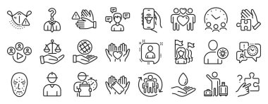Feminizm, Su Bakımı, Kullanıcı fikir simgeleri gibi bir dizi insan simgesi. Güvenli gezegen, video konferansı, adalet ölçeği işaretleri. Bulmaca, akıllı telefon tutma, arama bulmacası. Yüz biyometrisi. Vektör
