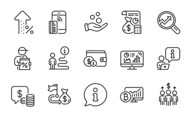 Finans simgeleri ayarlandı. İkonun teslimat indirimi, toplantı ve analitik tabelaları olarak dahil edilmesi. Bağış parası, muhasebe, temassız ödeme sembolleri. Bitcoin çizelgesi, finansal hedef, madeni para çizgisi simgeleri. Vektör