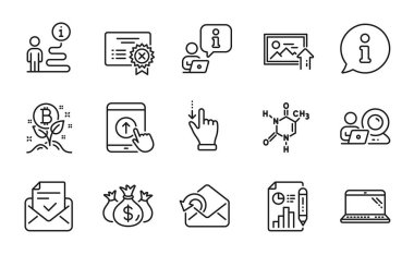 Teknoloji simgeleri ayarlandı. Dizüstü bilgisayar, Çek yatırımı, Bitcoin proje işaretleri olarak simge dahil. Posta gönder, video konferansı, dokunmatik ekran jest sembolleri. Reddet sertifikası, Pas at, fotoğrafı yükle. Vektör