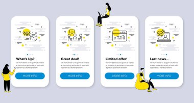 Web sitesi istatistikleri, hızlı ipuçları, sohbet simgeleri gibi bir dizi eğitim simgesi. İnsanlarla UI telefon uygulaması ekranları. Çevrimiçi kimya çizgisi sembolleri. Vektör