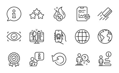 Teknoloji simgeleri ayarlandı. Dünya gezegeni simgesi, sıcak kredi, biyometrik göz işaretleri dahil. Ödül uygulaması, Globe, kredi kartı sembolleri. Yaratıcı tasarım, kıdemli yıldızlar, sigorta madalyası. Kontrol listesi. Vektör