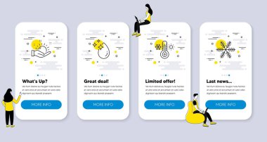 Termometre, güneşli hava, su damlası ikonları gibi doğa simgeleri. İnsanlarla UI telefon uygulaması ekranları. Kar tanesi çizgi sembolleri. Termostat, güneşi tut, kristal su. Klima. Vektör