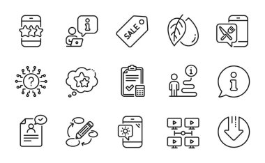 İş simgeleri ayarlandı. Yıldız olarak simge eklendi, ok indir, anahtar sözcük işaretleri. Video konferansı, indirim bileti, mineral yağı sembolleri. Yemek uygulaması, soru işareti, yıldız sıralaması. Muhasebe listesi. Vektör