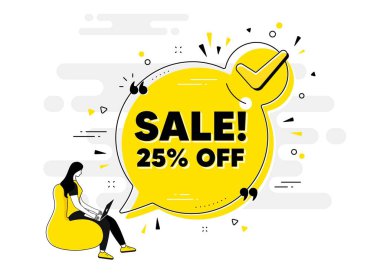 % 25 indirimli. İnsanlarla sohbet pankartı işaretini kontrol et. Promosyon fiyatı tabelası. Satış rozeti sembolü. Satış onaylı sohbet mesajı. Kontrol listesi kullanıcı arkaplanı. Vektör