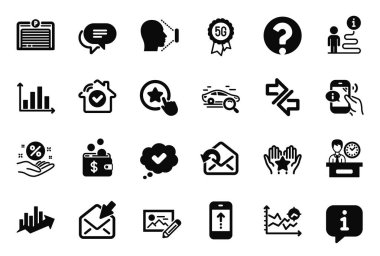 Onaylanmış, Senkronize edilmiş ve Fotoğraf Düzenleme simgelerine bağlı Vektör Teknoloji Simgeleri Kümesi. Soru işareti, açık posta ve sadakat işareti. Diyagram grafiği, sıralama ve güvenlik. Yukarı kaydır. Vektör