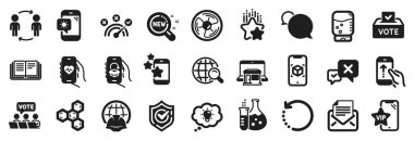 İnternet araması, doğrulanmış, güçlendirilmiş gerçeklik simgeleri gibi bir dizi teknoloji ikonu. Eğitim, Haberci, Hava durumu. Kurtarma verileri, pazar yeri, kimya şişesi. Yıldızlar sıralanıyor. Vektör