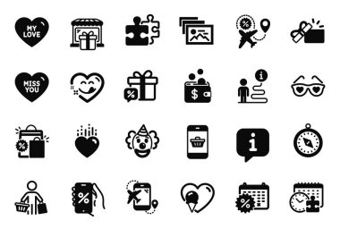 Seyahat pusulası, hediyelik eşya dükkanı ve bulmaca zaman simgeleriyle ilgili bir dizi tatil simgesi. Kalp, açık hediye ve palyaço işaretleri. Akıllı telefon almak, seni ve fotoğraf albümünü özlemek. Bulmaca, dondurma. Vektör