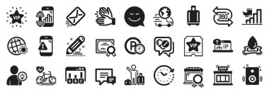 İş ikonları, bagaj geri alma, su sıçratma, park zamanı simgeleri gibi. Çevrimiçi yardım, Sertifika, Hoparlörler. 360 derece, kardiyo bisikleti, dükkan. Yorum, Anket sonuçları, Vip yıldızı. Vektör