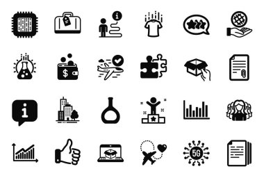 Stars, Women Group ve Online dağıtım simgeleriyle ilgili iş simgeleri. 5G teknolojisi, belgeleri kopyala ve grafik işaretlerini kopyala. Kuru tişört, gökdelen binaları ve kimya laboratuvarı. Vektör