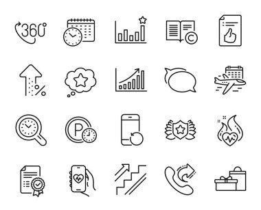 Vektör Etkinlik kümesi, 360 derece ve Laureate çizgi simgeleri ayarlandı. Yüzde artıyor, Uçuş ve Onaylanmış belge simgelerini seçin. Grafik çizelgesi, Konuşma balonu ve Paylaşım çağrı şifreleri. Vektör