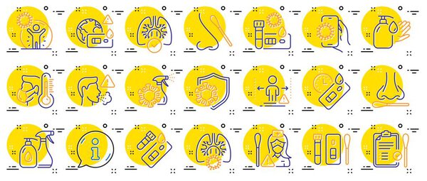 Значки линии тестирования Covid. Образец носа, анализ крови, время ожидания. Социальная дистанция "," Тайзер "," Тест Андерсона ". Коронавирусная защита, вирус пневмонии. Нос с ватным тампоном. Вектор