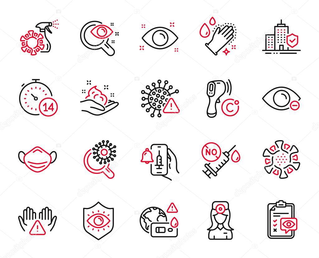 Vector Set of Medical icons related to Apartment insurance, Eye checklist and Covid virus icons. Eye protection, Washing hands and Covid test signs. Coronavirus vaccine, Myopia and Skin care. Vector