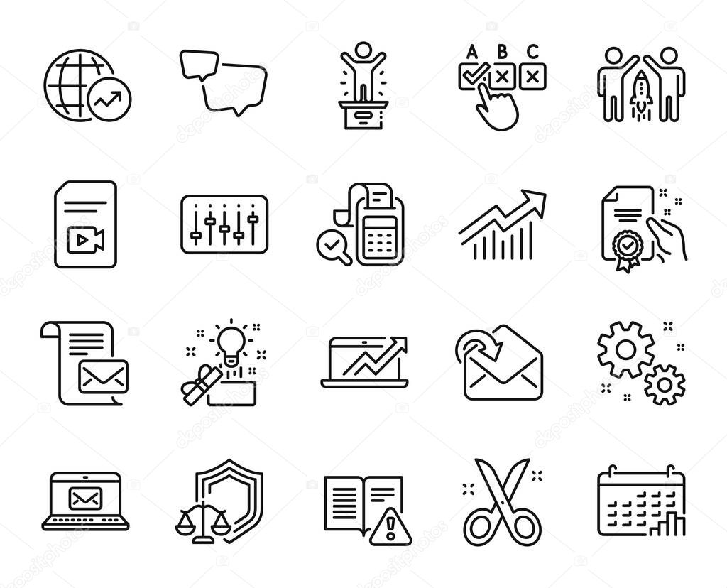 Vector set of World statistics, Receive mail and Speech bubble line icons set. Sales diagram, Mail letter and Certificate icons. Work, Justice scales and Winner podium signs. Vector