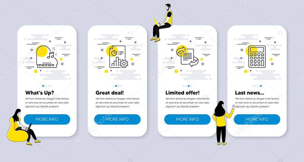 Vector Set of Education icons related to Report, Marketing and Piano icons. UI phone app screens with people. Calculator line symbols. Presentation document, Article, Fortepiano. Vector
