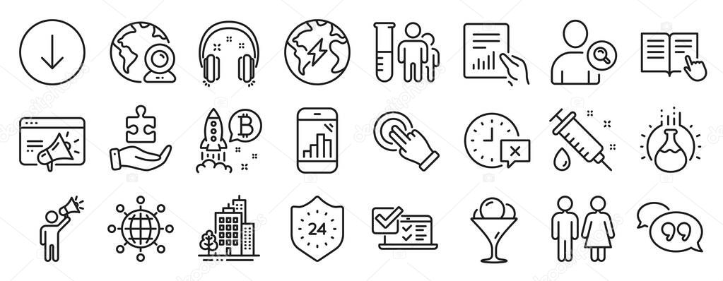 Set of Business icons, such as Medical analyzes, Scroll down, Time icons. Puzzle, Medical syringe, Read instruction signs. Headphones, Bitcoin project, Video conference. Quote bubble. Vector