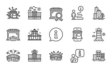 Bina simgeleri ayarlandı. Online market, Arena stadyumu, otel tabelaları gibi ikonlar da dahil. Spor arenası, en iyi pazar, dağıtım sembolleri. Gökdelen binaları, Circus, Marketplace. Deniz feneri. Vektör