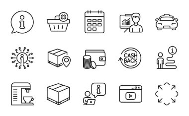 Satır simgeleri ayarlandı. Teslimat kutusu, bilgi ve paket izleme işaretleri olarak simge dahil edildi. Nakit para, kahve makinesi, sipariş sembollerini sil. Video içeriği, Büyütme, Ödeme yöntemi. Sunum, Takvim. Vektör