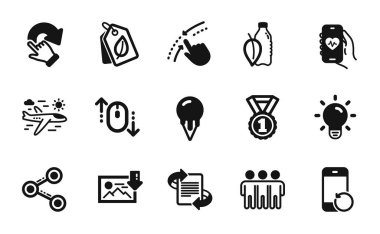 Paylaşım, Fotoğrafı İndirme ve Sağlık uygulaması simgelerinin vektör kümesi basit set. Dönüşümlü jest, biyo etiketler ve su şişesi simgeleri. Dondurma, aşağı in ve tabelaları kaldır. Basit bir web sembolünü paylaş. Vektör