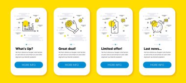 Batarya şarj etme vektör kümesi, el çırpma ve araştırma sonuçları satır simgeleri ayarlandı. Satır simgeli UI telefon uygulaması ekranları. Alarm saat simgesi. Elektrik enerjisi, Alkış, en iyi cevap. Zaman doldu. Vektör