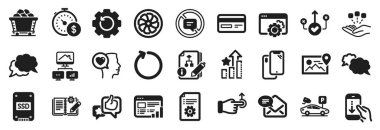 Doğru yol, döngü, akıllı telefon simgeleri gibi bir dizi teknoloji simgesi. SSD, fan motoru, algoritma işaretleri. Kurtarma ekipmanları, konsolidasyon, Seo teçhizatı. Kömür vagonu, Haberci, evde çalışmak. Gibi. Vektör