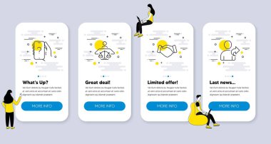 El sıkışma, mahkeme yargıcı gibi bir grup insan simgesi soru simgeleri sorar. İnsanlarla UI telefon uygulaması ekranları. Arkadaş satırı sembollerine bakın. Anlaşma el, yargı, sınav telefonu. Paylaş. UI pankartlarını arayın. Vektör