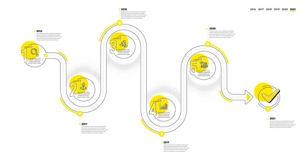 业务信息图表时间表5个步骤 旅程路径工作流信息图形 工作流程图与研究 工作理念 团队合作和金钱奖励线图标 — 图库矢量图片