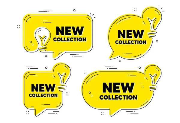 新的收集文本 想法黄色的聊天泡沫 新的时尚抵达标志 广告提供的符号 新的集合聊天消息横幅 想法灯泡气球 — 图库矢量图片