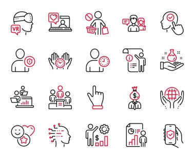 Friends sohbetine bağlı vektör kümesi simgeleri, alışverişi ve takım çalışması simgelerini durdurun. Güvenlik uygulaması, iş raporu ve organik test tabelaları. Artırılmış gerçeklik, Yönetici ve Seçici kullanıcı. Vektör