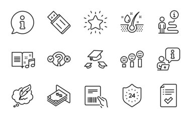 Satır simgeleri ayarlandı. Müşteri memnuniyeti, şapkalar, müzik kitabı tabelaları gibi ikonları da içeriyor. Telif hakkı sohbeti, Serum yağı, Rütbe Yıldızı sembolleri. Ub flash, paket faturası, onaylanmış kontrol listesi. ATM parası. Vektör