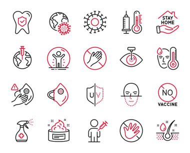 Coronavirüs salgınıyla ilgili bir dizi tıbbi ikon, insan aşısı ve UV koruma ikonları. Kirli maske, tıbbi maske ve tabelalara dokunma. Ateş, Dokunma ve Aşı Yok. Vektör