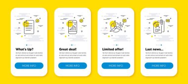 Grafik telefon vektör seti, yel değirmeni türbini ve dosya satırı simgeleri ayarlandı. Satır simgeli UI telefon uygulaması ekranları. Röportaj belgeleri simgesi. Mobil istatistikler, rüzgar gücü, kağıt sayfa. CV eklentisi. Vektör