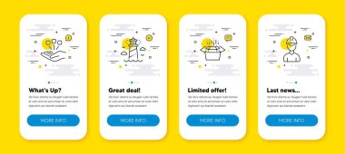 Paketleme kutularının vektör seti, Deniz feneri ve konsolidasyon hattı simgeleri ayarlandı. Satır simgeli UI telefon uygulaması ekranları. Foreman ikonu. Teslimat kutusu, Beacon Kulesi, Strateji. Mimar adam. Vektör