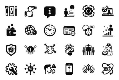 Artırılmış gerçeklik, Grup ve Web zamanlayıcı simgeleriyle ilgili Vektör Bilim simgeleri kümesi. Kapsamlı test, organik test ve Seo vites tabelaları. Zaman dilimi, hemşire ve kaydırma. Coronavirus, tıbbi maske. Vektör