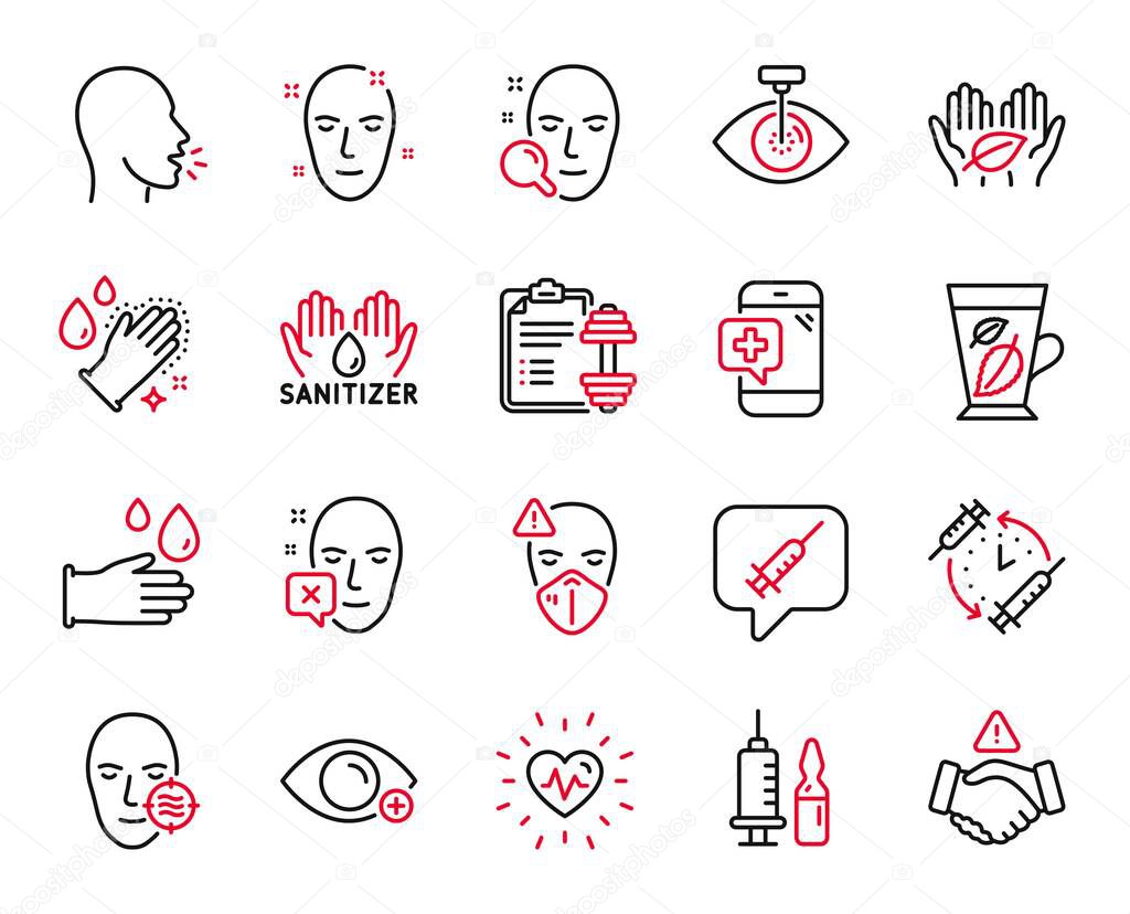 Vector Set of Healthcare icons related to Heartbeat, Rubber gloves and Medical mask icons. Vaccine message, Mint leaves and Hand sanitizer signs. Cough, Medical vaccination and Fair trade. Vector