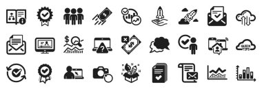 Ticaret bilgi tablosu, Startup roketi, posta yazışma simgeleri gibi Eğitim simgeleri kümesi. Hızlı ödeme, Grup, yatırım tabelalarını kontrol edin. Evde çalış, doğrulama görevlisi, iyileşme fotoğrafı. Vektör