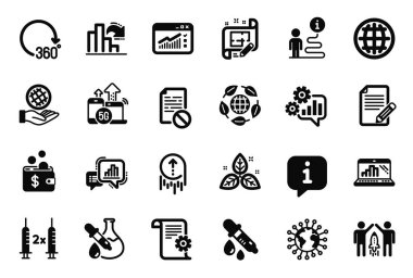 Kimya pipeti, grafik dizüstü bilgisayar ve 360 derecelik simgelerle ilgili vektör bilim simgeleri kümesi. Coronavirus, Makale ve Yanlış dosya işaretleri. Bilgi baloncuğu, yolculuk yolu. Vektör