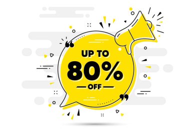 Satışlarda yüzde 80 'e kadar indirim var. Megafon sohbet pankartı uyarısı. İndirimli fiyat tabelası. Özel teklif sembolü. Yüzde 80 tasarruf ederiz. İndirimli etiket sohbet mesajı hoparlörü. Vektör