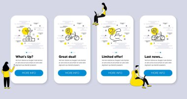 Güçlü Kol, Bisiklet parkı, Kazanan ikonlar gibi spor simgeleri. İnsanlarla UI telefon uygulaması ekranları. Kardiyo bisiklet hattı sembolleri. Kas pazıları, bisiklet parkı, başarı ödülü. Spor bisikleti. Vektör