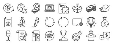 Satır simgeleri kümesi, Get box, Money bag, Monitor ayarları simgeleri gibi. Geri dönüşüm, teknik bilgiler, şarap kadehi işaretleri. Paket konumu, Zamanlayıcı, Şah Kutusu. İlmek, gelir parası, nakit para. Strateji. Vektör