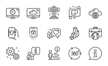 Teknoloji simgeleri ayarlandı. Dükkan uygulaması olarak simge, mimari plan, artırılmış gerçeklik işaretleri dahil. 3D çizelge, bulut depolama, kalp sembolleri. 360 derece, iş, çekim. Bulut hesaplama. Vektör