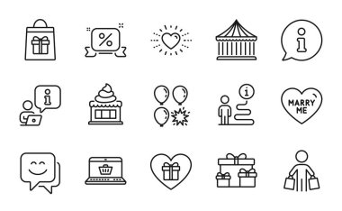 Tatil simgeleri ayarlandı. İndirimli kurdele, kalp, sürpriz kutular tabelaları gibi simgeler de dahil. Alıcı, Atlıkarınca, bayram alışveriş sembolleri. İnternetten alışveriş, romantik hediye, balon dartı. - Dondurma. Vektör