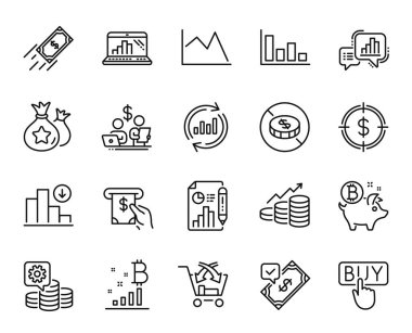 Azalan grafiğin vektör kümesi, nakit yok ve grafik dizüstü bilgisayar çizgisi simgeleri ayarlandı. ATM servisi, veri simgelerini sat ve güncelle. Para kazanmak, hat çizelgesi ve hızlı ödeme tabelaları. Vektör