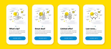 Glütensiz vektör seti, su bakımı ve termometre çizgisi simgeleri ayarlandı. Satır simgeli UI telefon uygulaması ekranları. Kar ikonu. Biyolojik malzemeler, su damlası, bitki yetiştirme. Kar taneleri. Vektör
