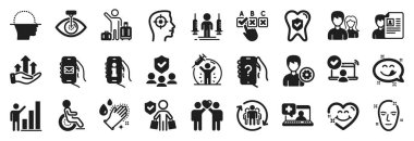 Coronavirus enjeksiyonları, Info uygulaması, Göz Lazeri simgeleri gibi bir dizi insan simgesi. İnsan sigortası, lezzetli bir gülümseme, aşı koruma işaretleri. Arkadaş çift, çift, gülen yüz. El yıkama. Vektör