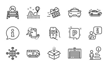 Ulaşım simgeleri ayarlandı. Uçuş uygulaması olarak simge, park uygulaması, park işaretleri dahil. Otobüs turu, lojistik ağı, kutu sembolleri. Taksi, araba, her yer kapalı. Teslimat hazır. Vektör