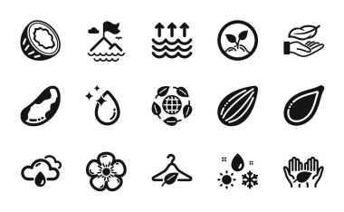 Başlangıç, Adil Ticaret ve Çevre organik simgelerinin vektör kümesi basit bir set. Brezilya fıstığı, yavaş moda ve yağmurlu hava ikonları. Doğal keten, buharlaşma ve badem cevizi işaretleri. Basit bir web simgesi başlat. Vektör