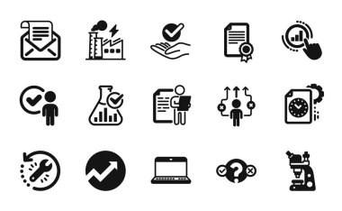 Not Defteri, Sertifika ve Posta bülteni simgelerinin vektör kümesi basit. Mikroskop, Denetim ve İş yolu simgeleri. Sınav testi, elektrik fabrikası ve onaylı tabelalar. Vektör