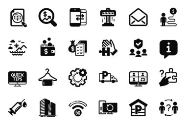 Cogwheel, Recovery bilgisayar ve tıbbi şırınga ikonlarıyla ilgili iş simgeleri. Zenginlik, telefon iletişimi ve arama bulmacası işaretleri. Para denetimi, Bulmaca ve Posta. Vektör