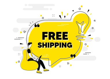 Ücretsiz gönderim metni. Kişi ile sohbet pankartı. Teslimatta tabela vardı. Özel teklif sembolü. Ücretsiz gönderim sohbet mesajı ampulü. Fikir ampulü insanların arka planında. Vektör
